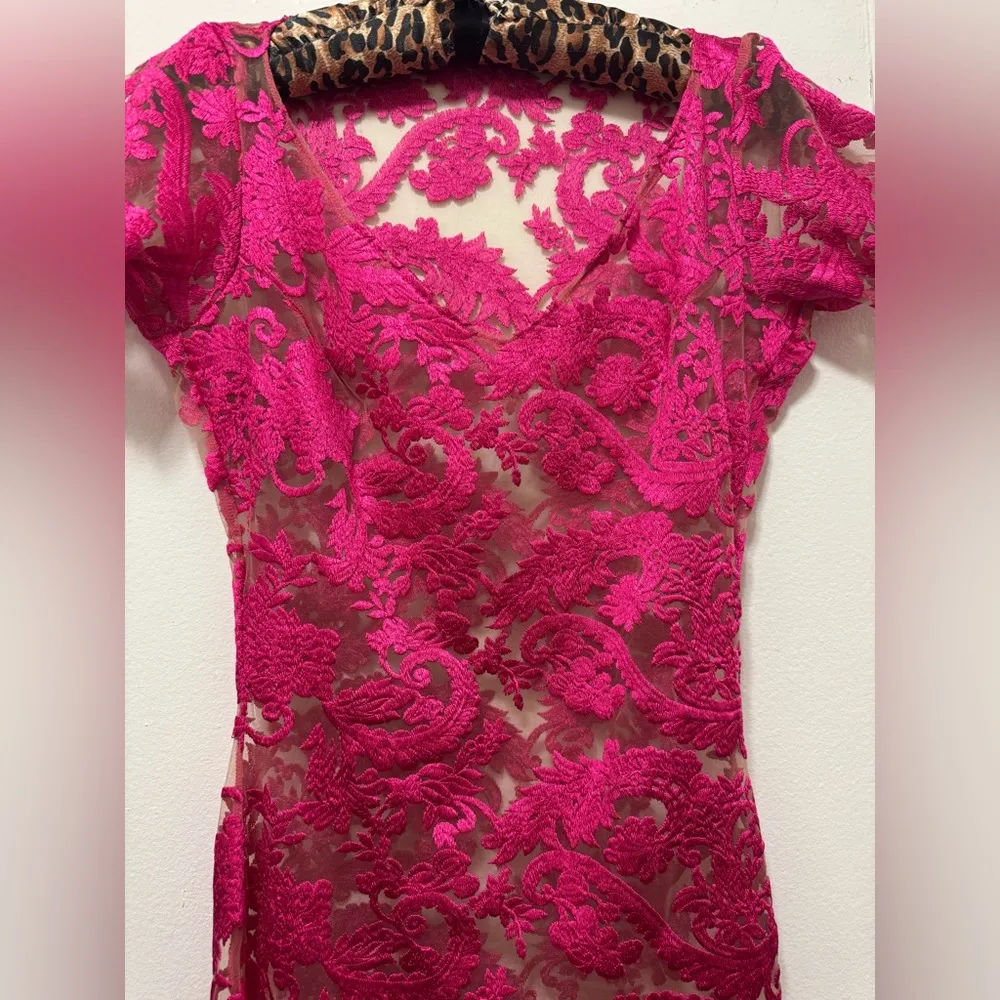 Yas Gonzalez Designer Elegant Hot Pink Lace Netted Dress Size 0 - Image 2