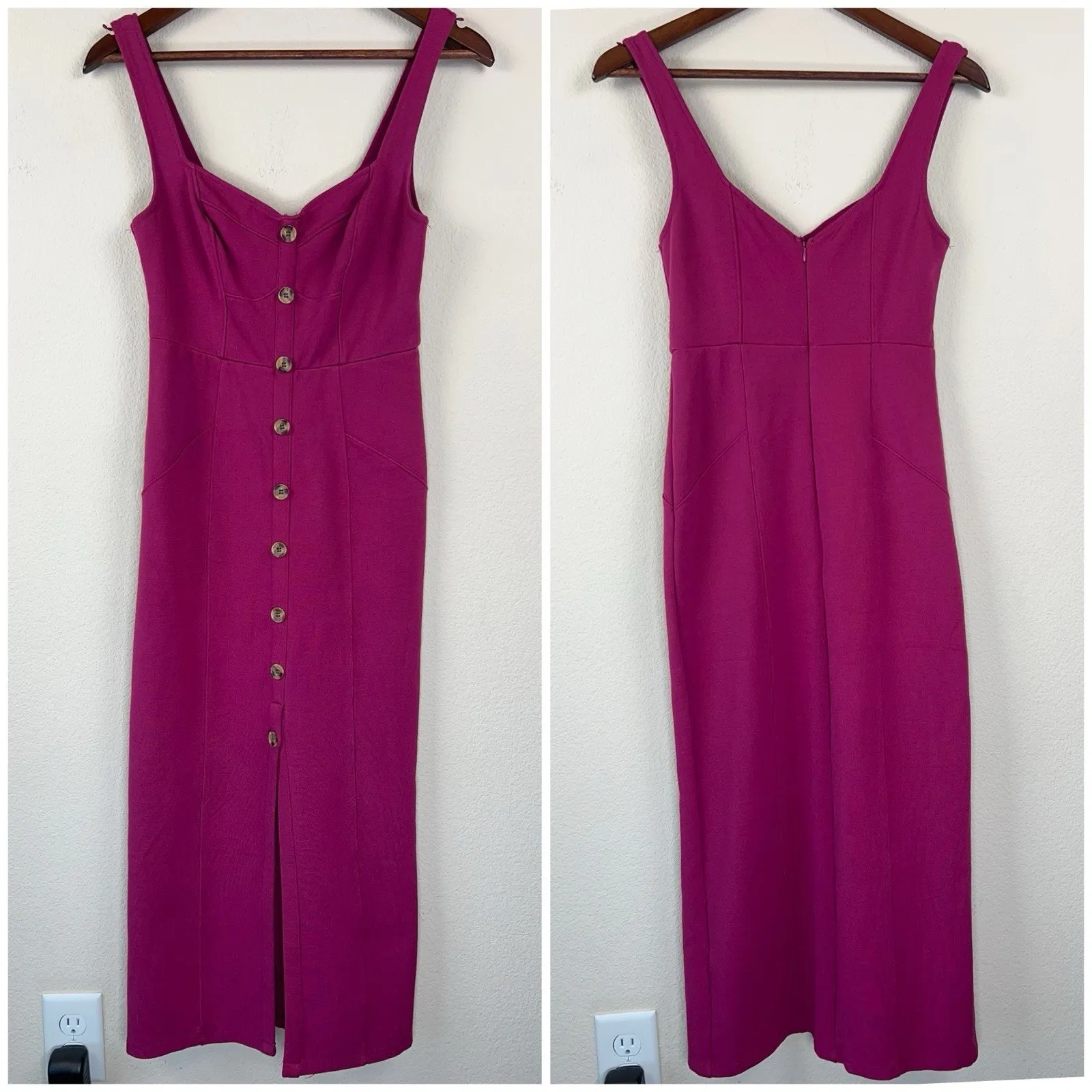 Maeve Anthropologie Midi Dress Size 0 Magenta Button Front Fitted Sleeveless - Image 7