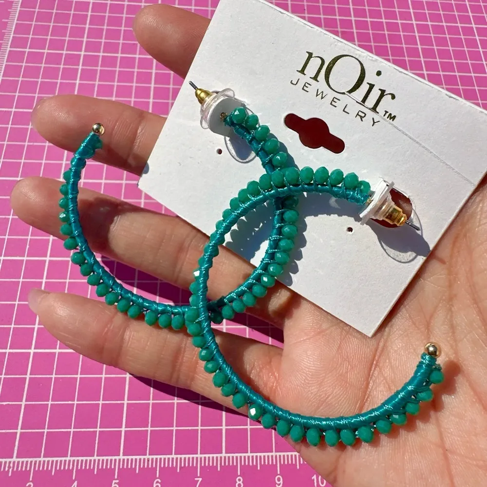 nOir Jewelry Green beaded medium hoop open loop Earrings Gold - Image 2