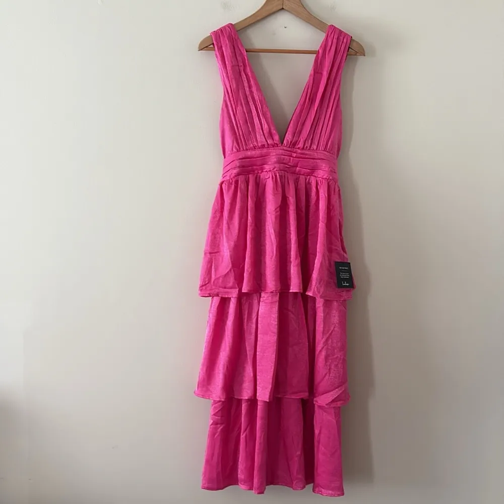 New Lulus Peak Party Vibe Hot Pink Satin Tiered Tie-Back Midi Dress Size S - Image 3