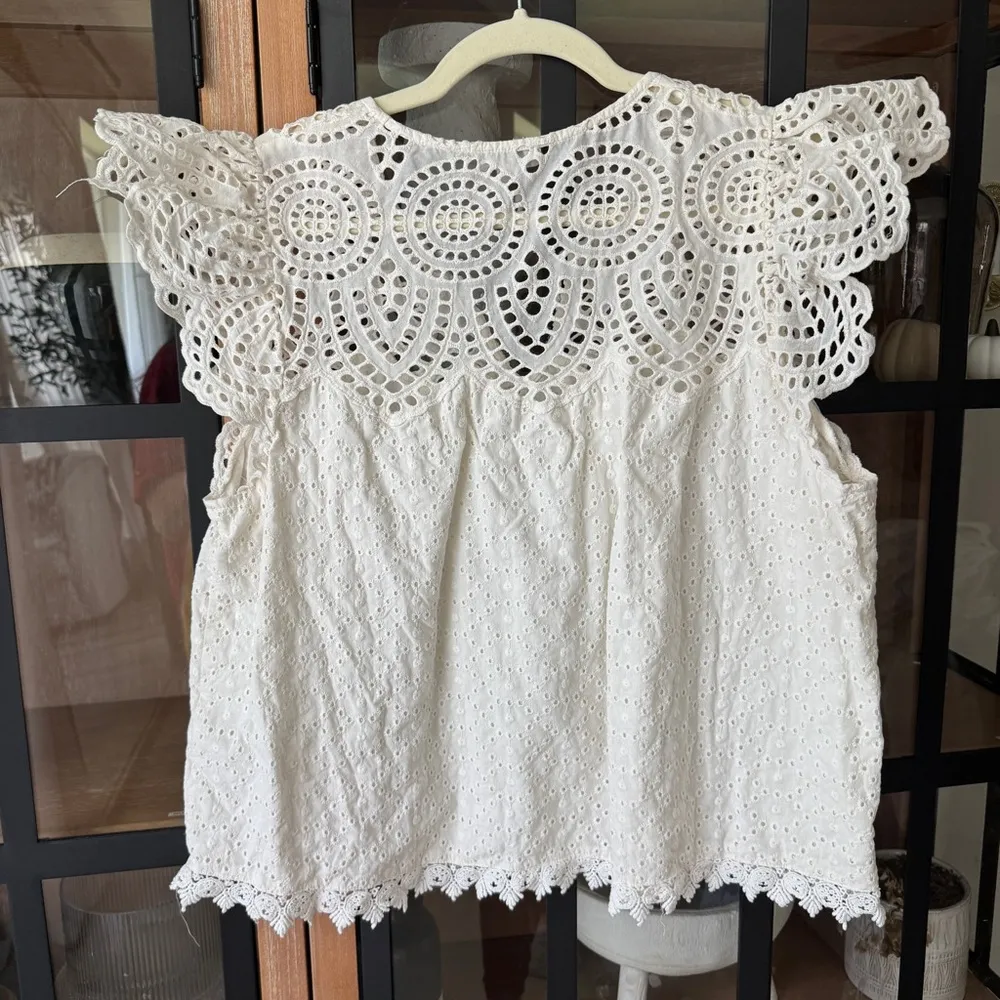 Eyelet blouse ruffle lace embroidered tassels tuckernuck cap short sleeves - Image 3