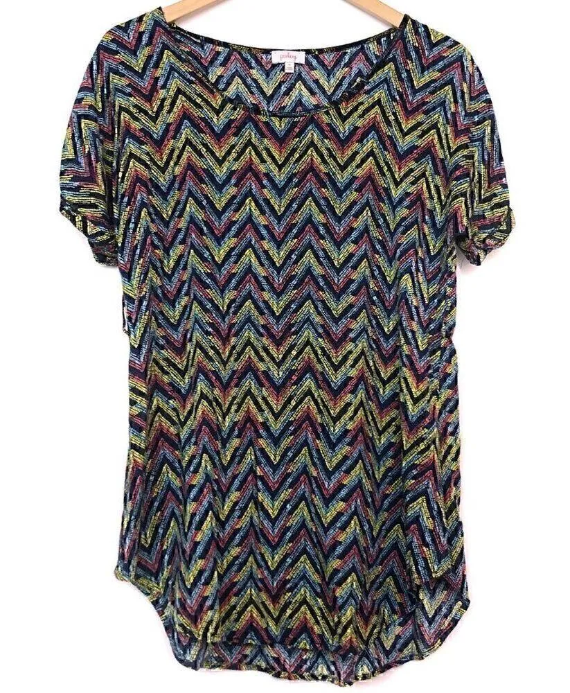 PIXLEY STITCH FIX Dotted Chevron Tunic Blue Pink Multi Short Sleeve Boho Blouse Green Size M - Image 2