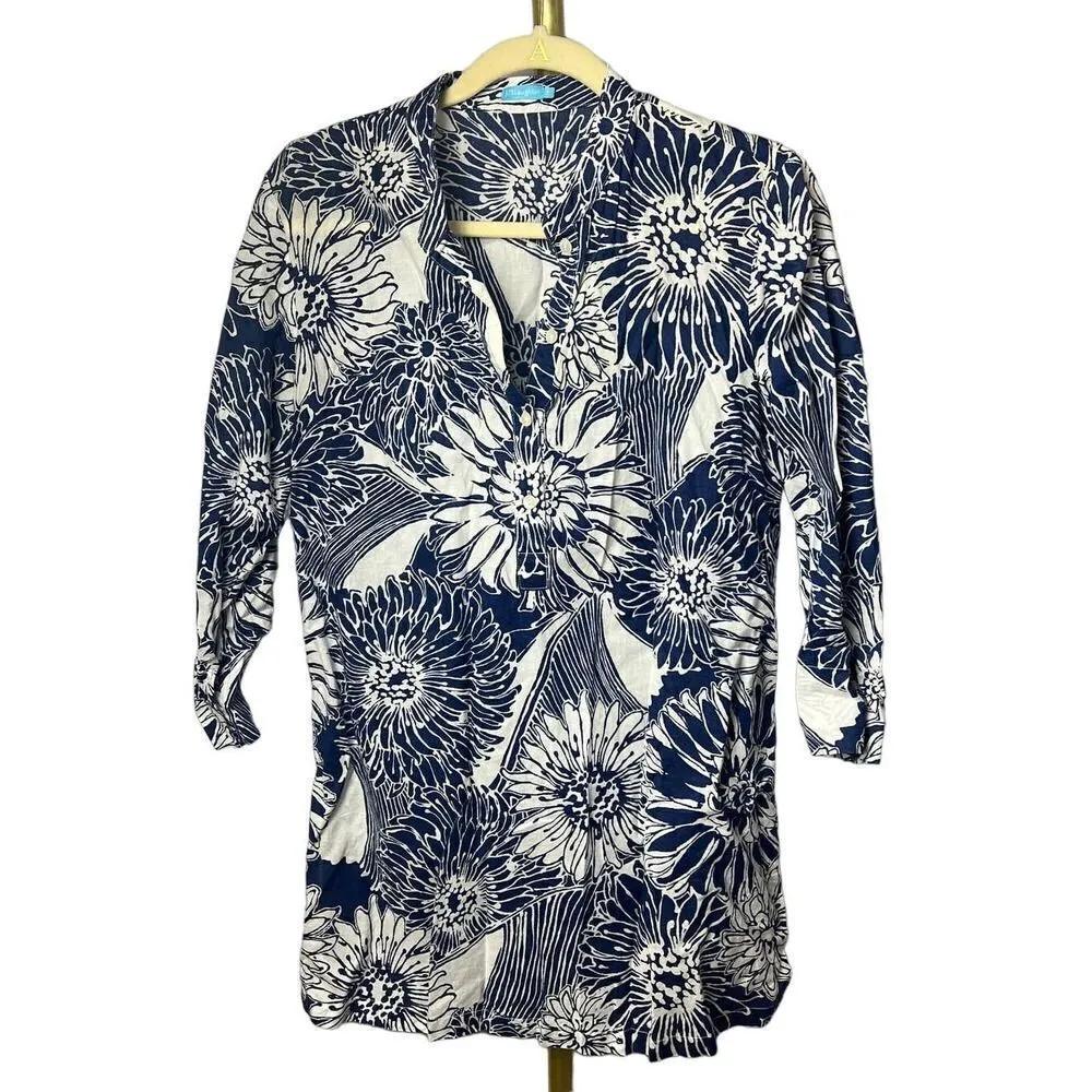J. McLaughlin  Blue and White Daisy Cotton Popover Tunic Top Sz. S - Image 2