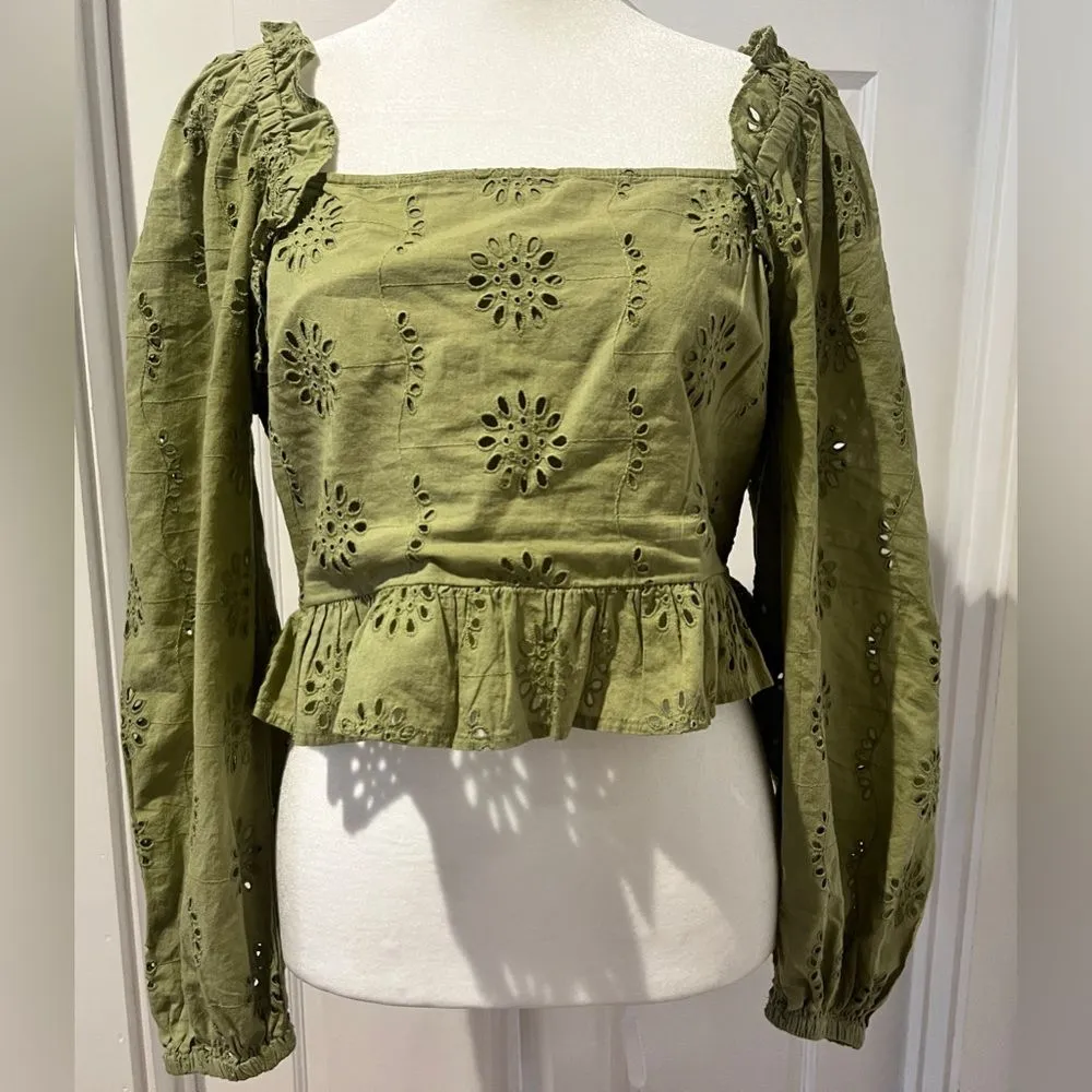 Vero Moda blouse made of cotton olive green with eyelet embroidery Size M - Image 2