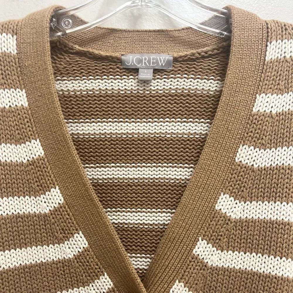 J. Crew Heritage Relaxed Cotton Striped Knit Cardigan Sweater Pockets Camel Tan - Image 4