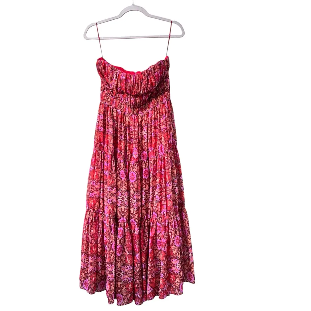 Amur Multicolor Floral Mariana‎ Strapless Cocktail Party Tiered Midi Dress sz 4 Red - Image 3