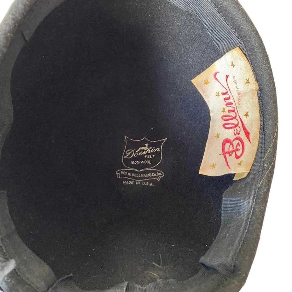 Vintage Bellini Originals Black Doeskin Felt Wool Feather Hat Topstitching USA - Image 5
