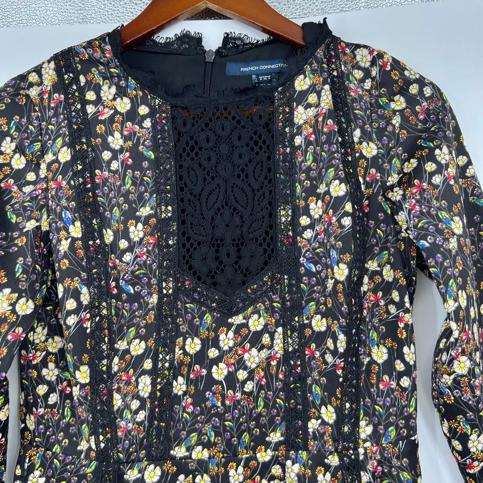 French Connection Hallie Drape Floral Black Folk Boho Mini DressWomens size 4 - Image 5