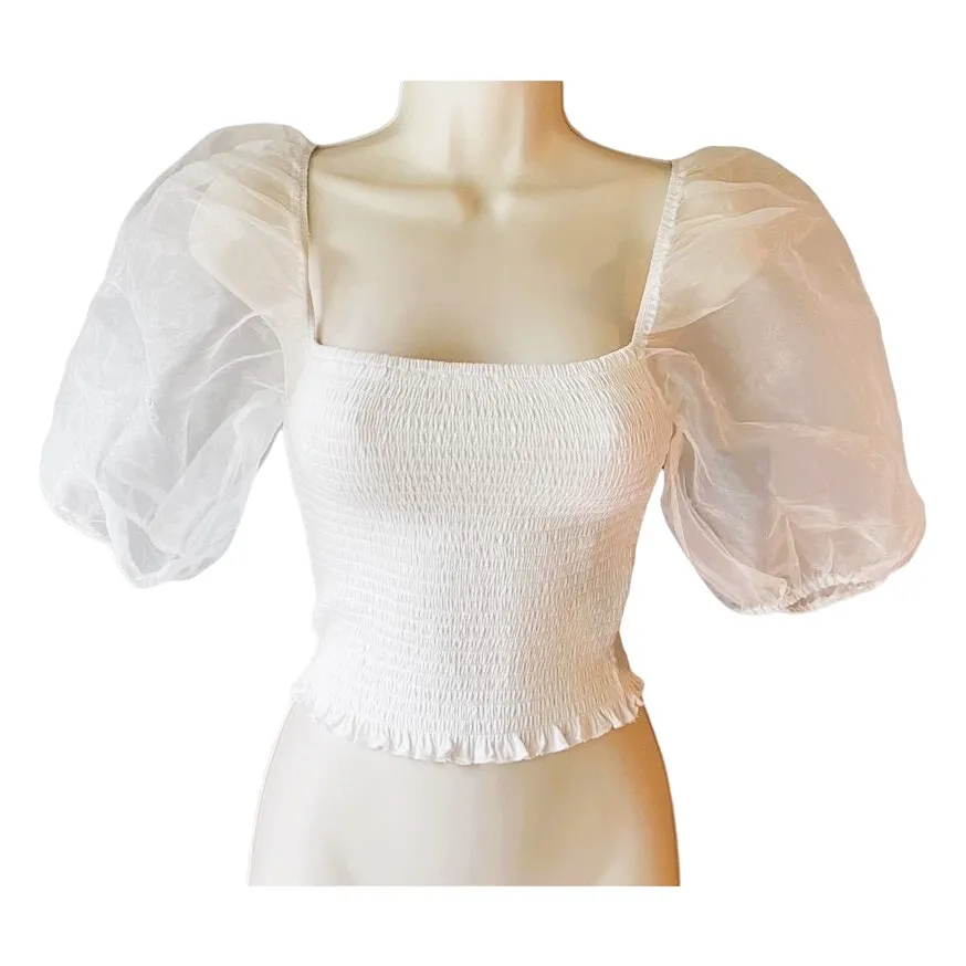 NWT ~ White Tube Top Off Shoulder Huge Clear Mesh Puffy Sleeves ~ Women's SMALL - Image 3