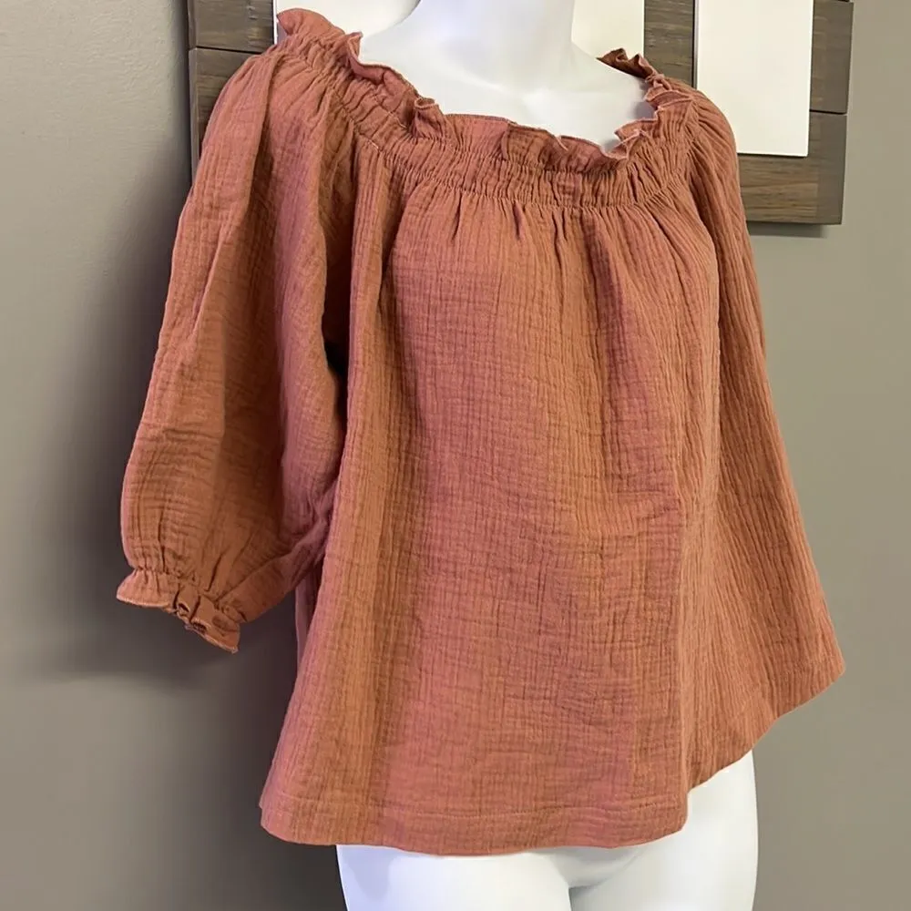 Lulus Off The Shoulder Gauze Dusty Rose Boho Blouse- Large - Image 3