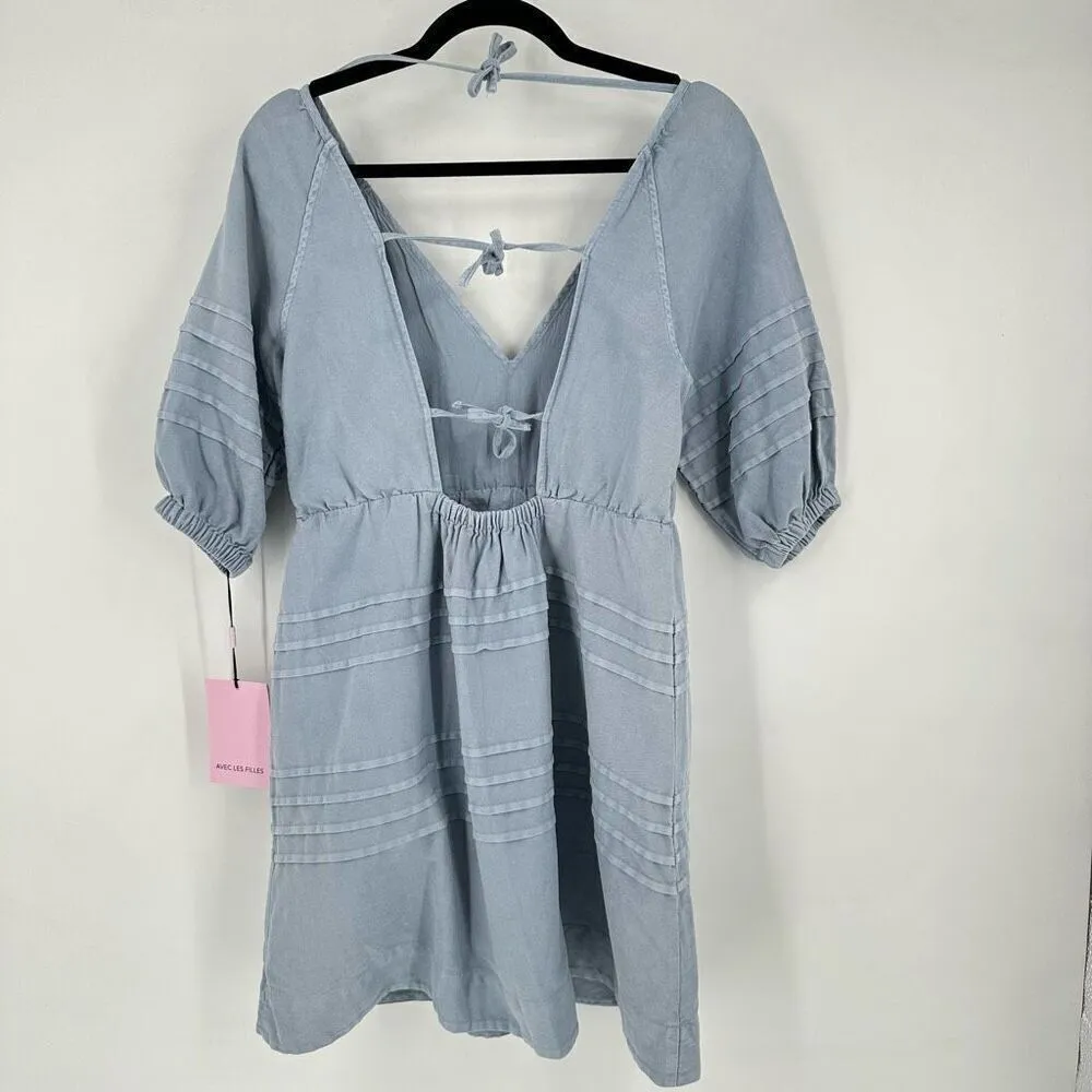NWT Avec Les Filles Women's Tie Back Puff Sleeve Babydoll Dress Blue Size Small - Image 4