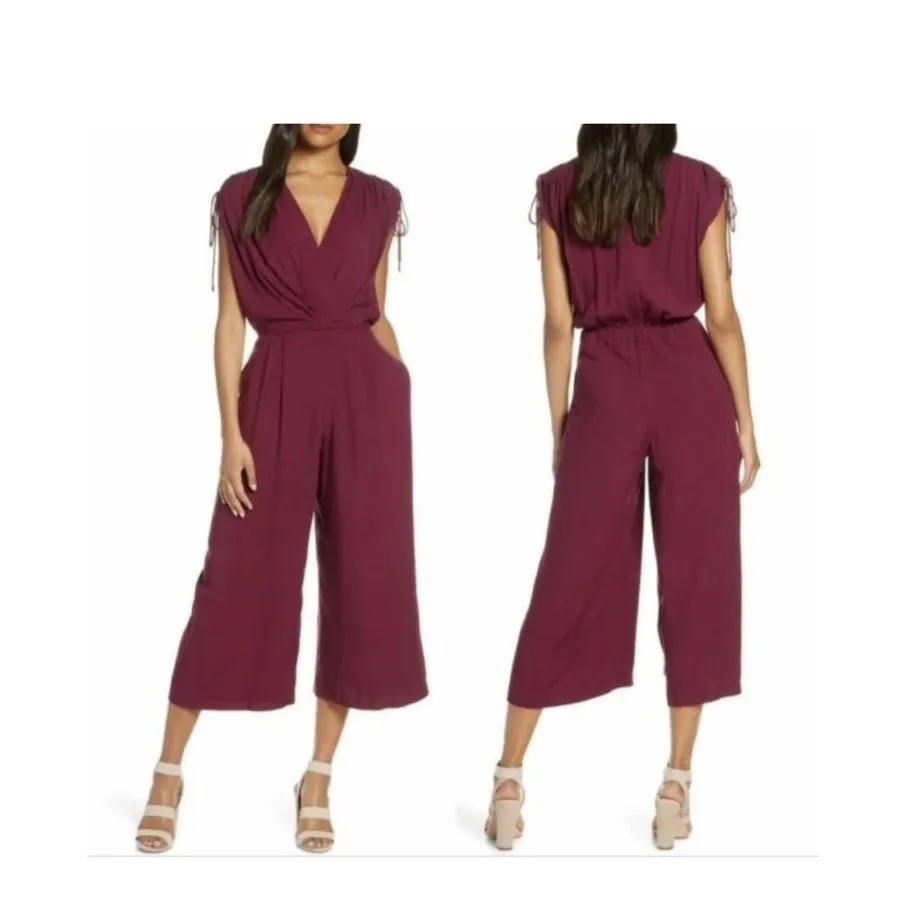 Gal Meets Glam Luella Ruched-Shoulder Crop Jumpsuit Burgundy ‎ 12 Wide Leg NWT - Image 2