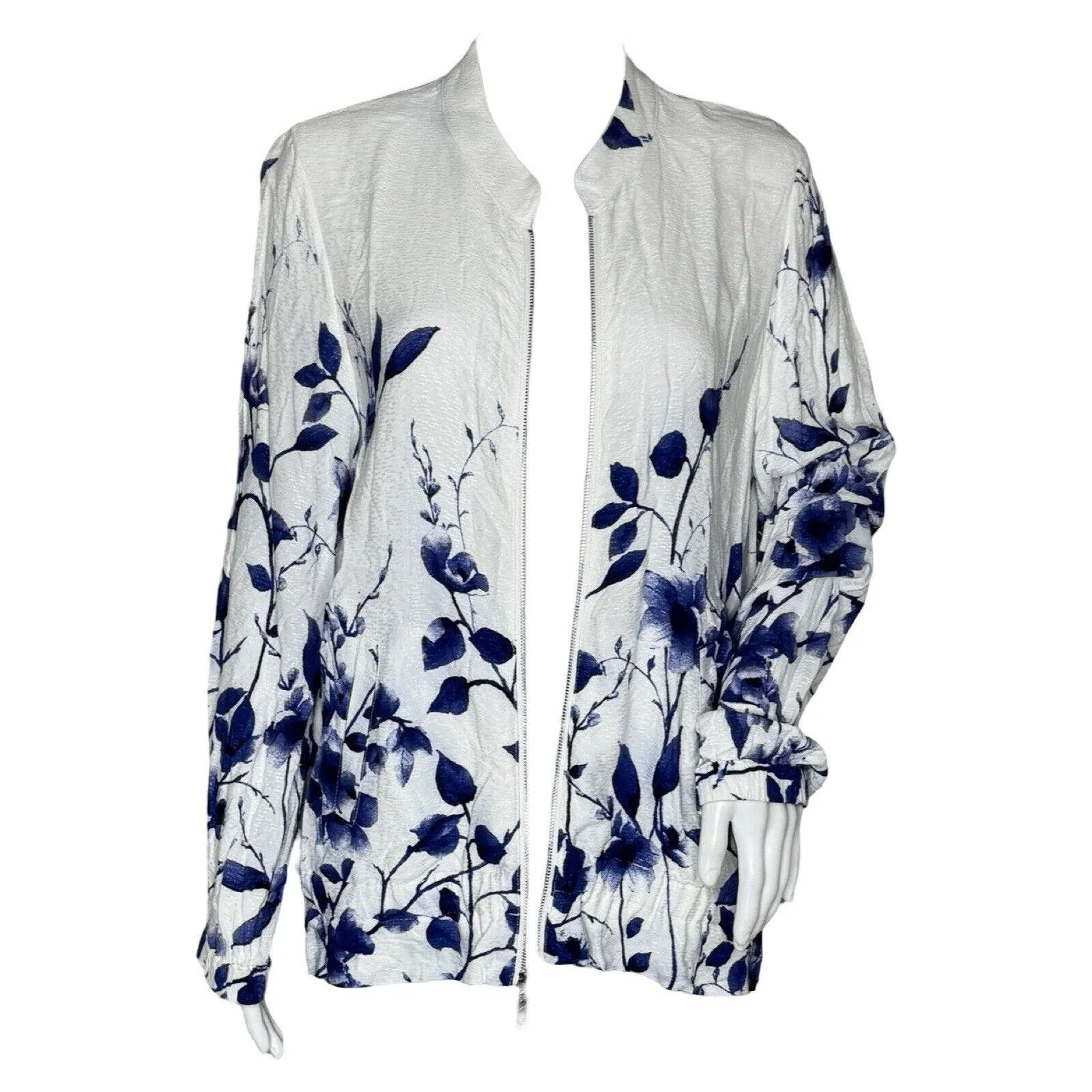 Chicos Sweater Womens Medium White‎ Blue Floral Zip Up Cardigan Office Casual - Image 2