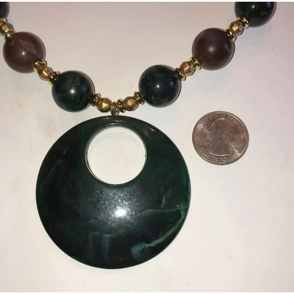 Hunter Green Brown & Gold Tone Beaded Boho Necklace - Image 3