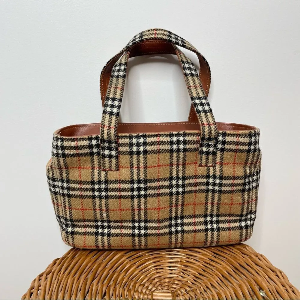Burberry Wool Vintage Nova Check Signature Plaid Tote Shoulder Bag Purse Tan - Image 14