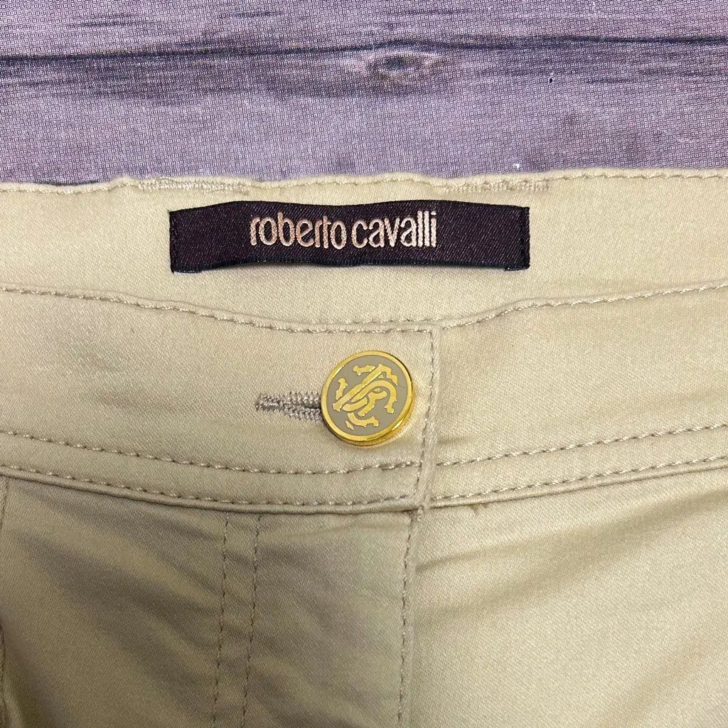Roberto Cavalli Beige Gold Flare Monogram Button Patch Pockets Mid Rise Pants 42 - Image 3