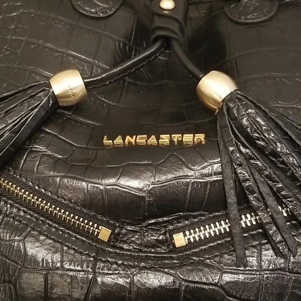 đź’•LANCASTER PARISđź’• Exotic Croco Embossed Crocodile Texture 100% Leather Bag NWT Black - Image 8