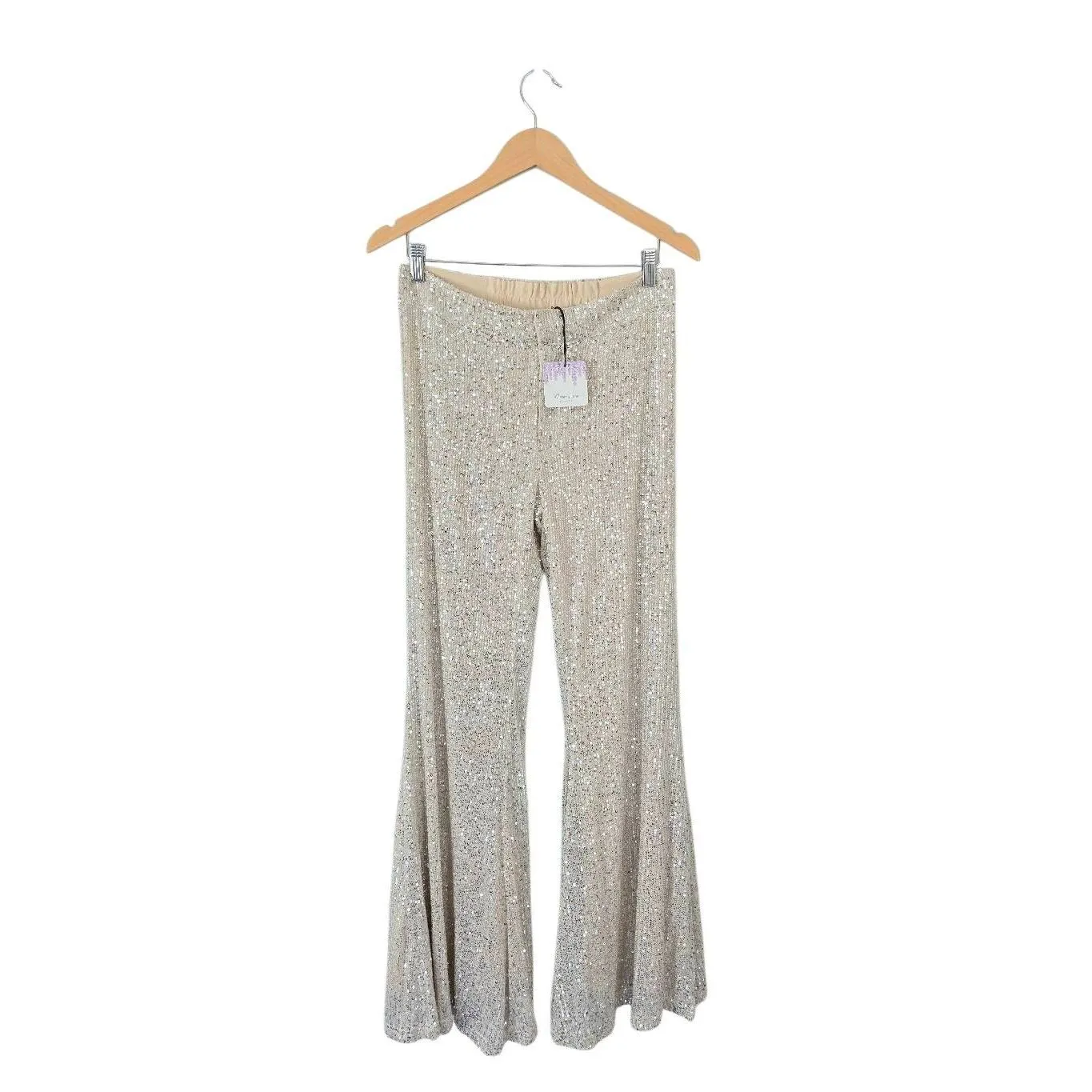 Wisteria Lane Sequined Bell Bottom Pants in Champaign Size Medium NEW Gold - Image 2