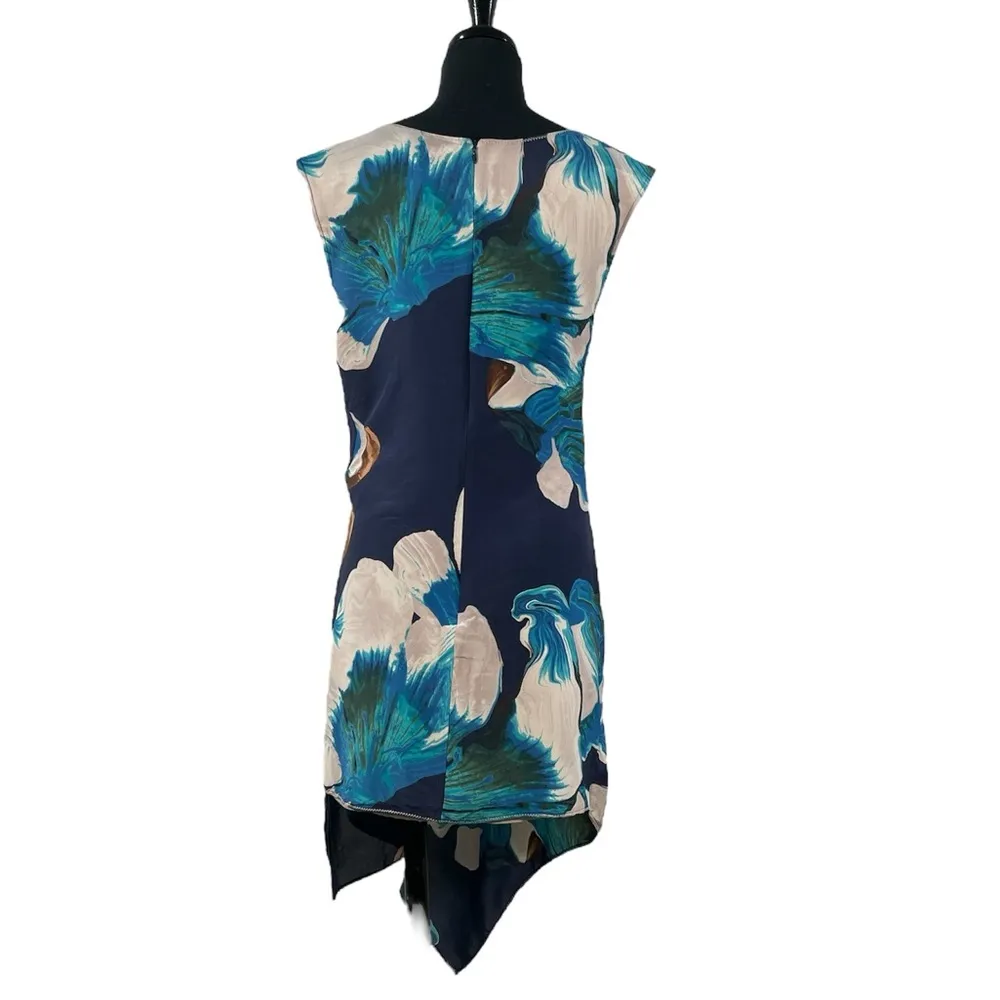 Coquille drape wrapped waist floral waterfall front silk lightweight airy dress - Image 3