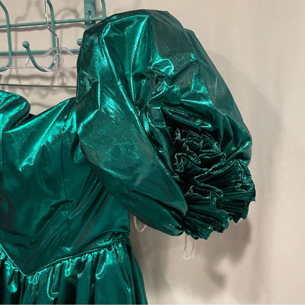 Vintage 80’s Emerald metallic bubble hem strapless sweetheart dress puff sleeve Green Size XS - Image 5