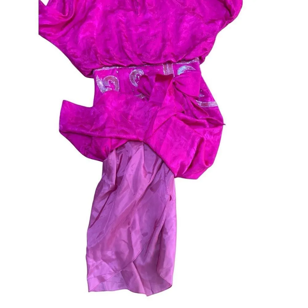 Spenser Jeremy Vintage 90s Hot Pink Magenta 100% Silk Beaded Midi Dress w/ Bow s Size 8 - Image 9