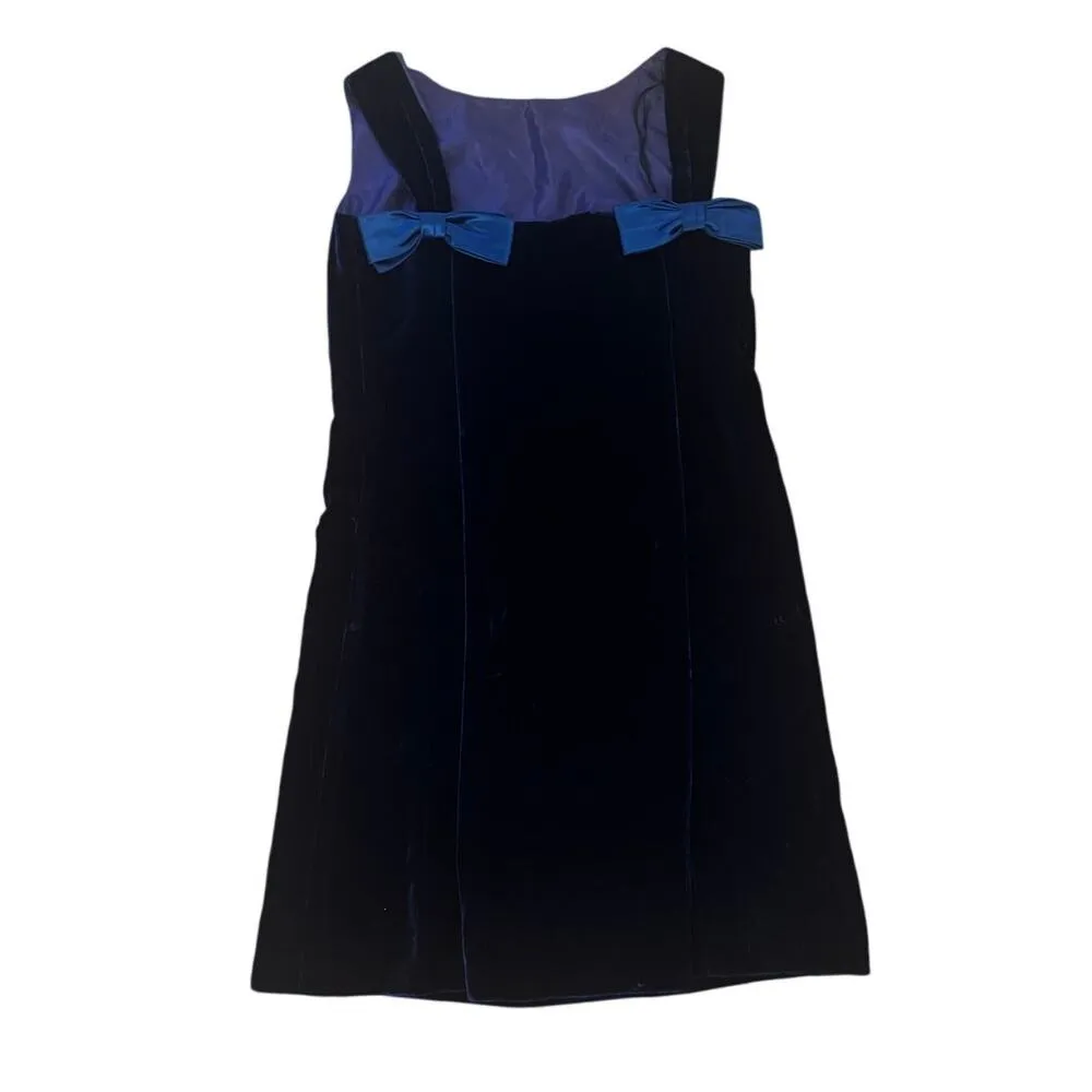 Vintage Blanes Navy Blue Velvet Mini Dress Made in England Bows on Back Size 12 - Image 5