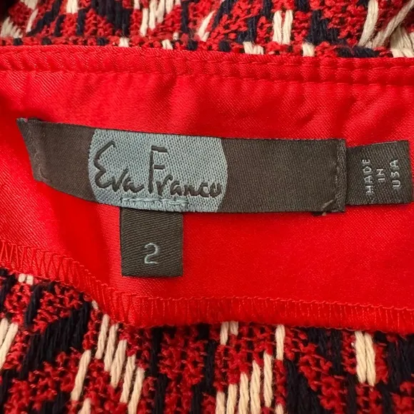 Eva Franco Red Blue White Geometric Print Wool Poly Blend Pencil Skirt With Slit Size 2 - Image 5