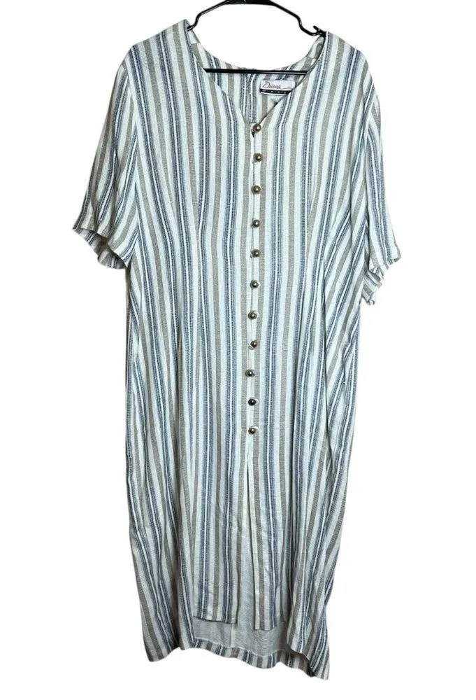 VTG 80s Diana Marco Flax Linen Midi Dress Kaftan Boho Lagenlook Plus Sz 16W USA Blue - Image 9