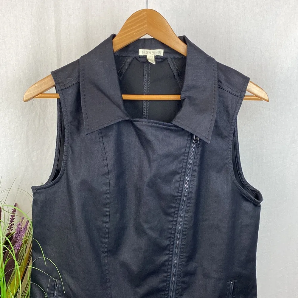 Eileen Fisher Black Sleeveless Cotton Blend Jean Zip Up Vest XS - Image 3