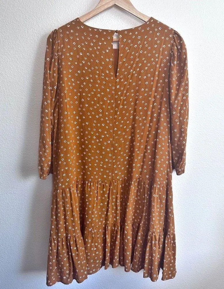 DRESS FORUM LA | Mustard White Floral Balloon Sleeve Dress Tiered | Size Large - Image 2