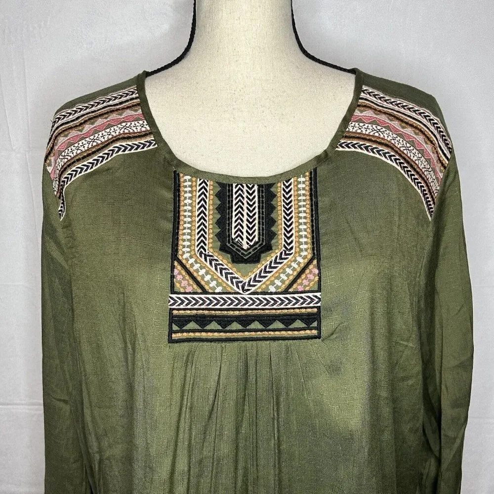 NWT Zenobia Olive Green Embroidered Tunic Top Long Sleeve NEW - Image 2