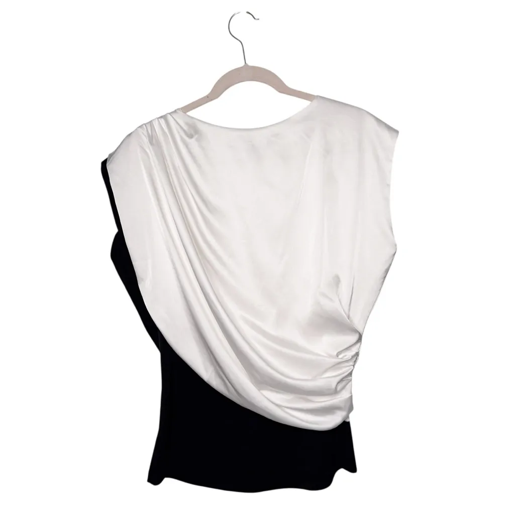 KATHERINE BARCLAY SILKY SOFT ROUCHED DRAPED BLACK AND WHITE TOP SZ M - Image 2
