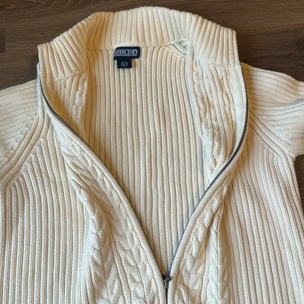 Land's End Cream Full Zip Cable Knit chunky cotton Sweater size large - Image 7