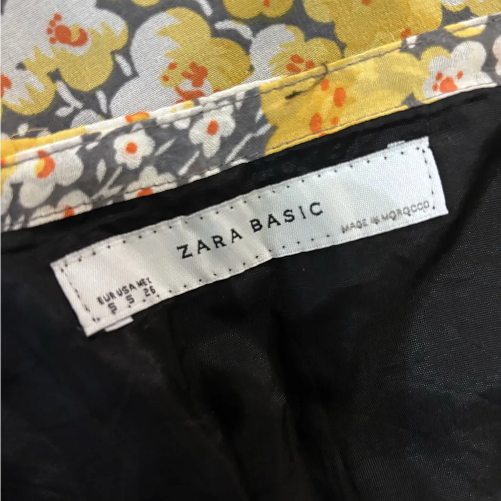 Zara Silk Skirt Floral Yellow Gray Small Pleated Lined Zip tulip - Image 5