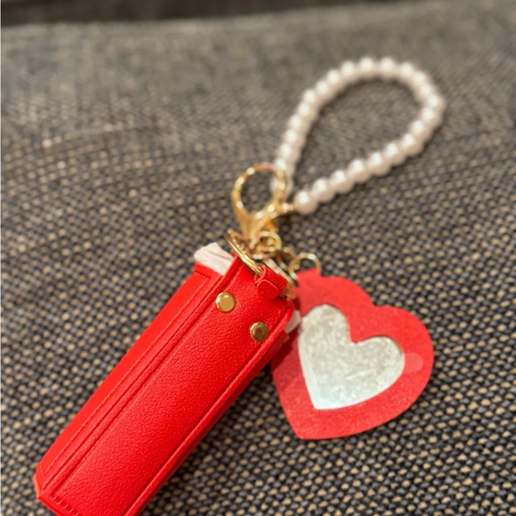 Red Leather Keychain with Heart Charm - Image 2