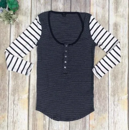 Striped Thermal Henley scoop neck 3/4 Sleeve Tee Shirt  - Image 2