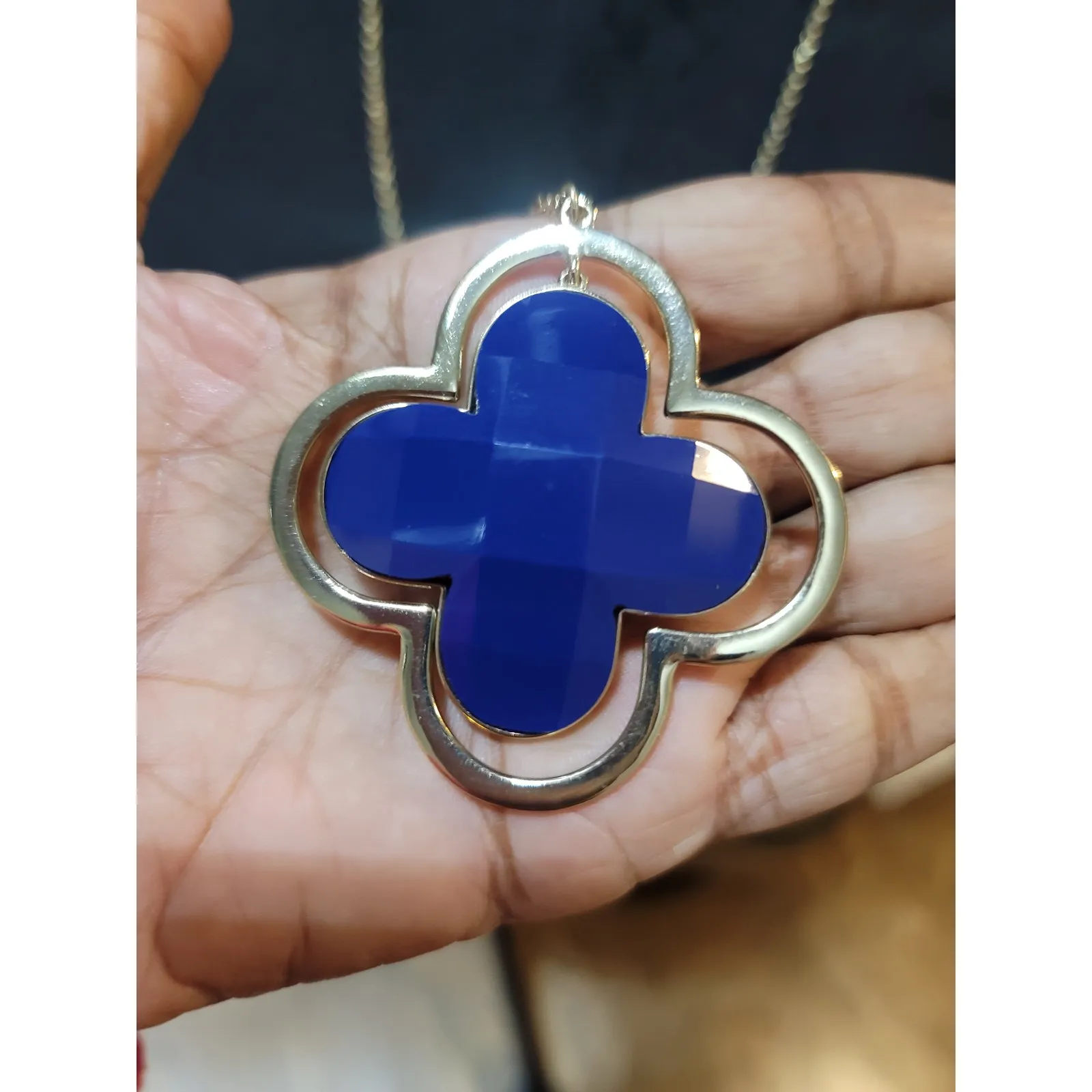 Women's Long Gold Chain Necklace Blue Clover Pendant With Lobster Clasp Lock - Image 4