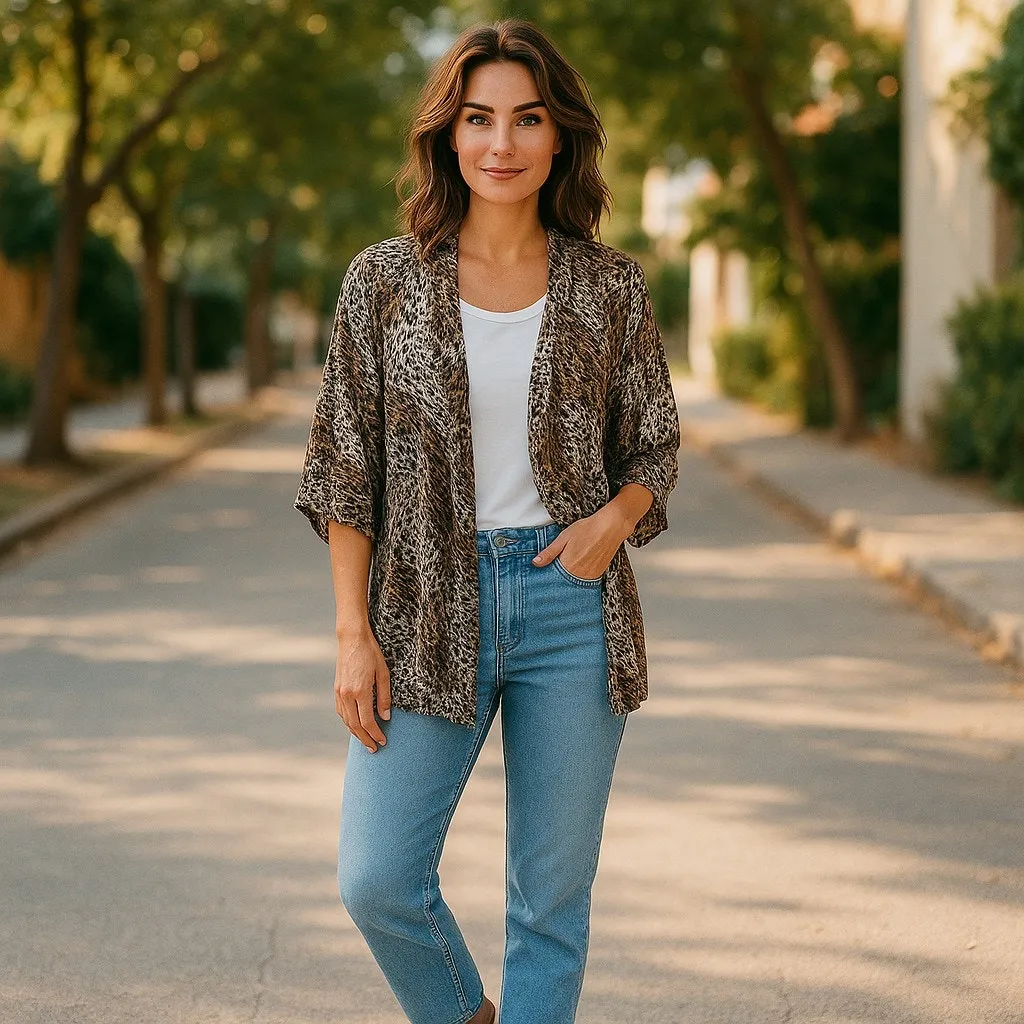 Chico's Womens Leopard Print Overpiece Textured‎ Short Sleeve Cardigan 1 M 8 - Image 2