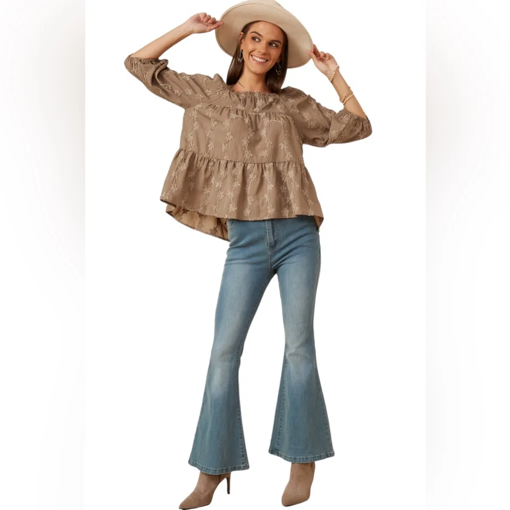 Hayden Women’s Brushed Floral Detailed Puff Sleeve Square Neck Top L - Image 15