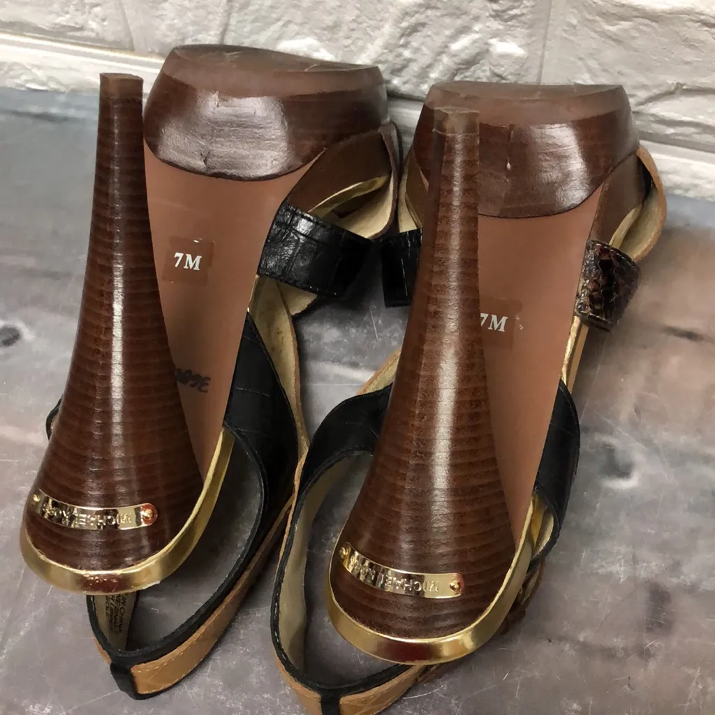 Michael Kors Niki Cross Strap Brown/Tan/Nat Snakeskin Leather Platform Heel sz 7 - Image 8