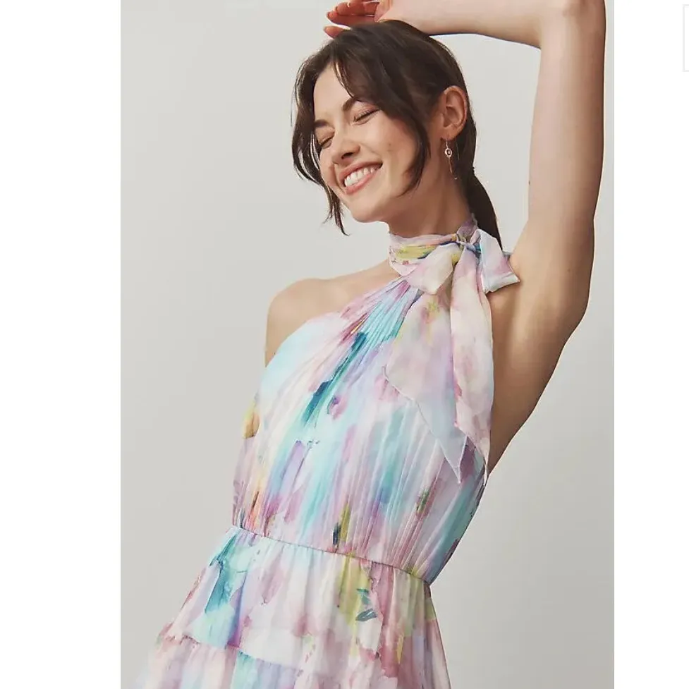 NWT Mac Duggal Floral Print Asymmetrical Halter Neck Tiered Gown - Image 3