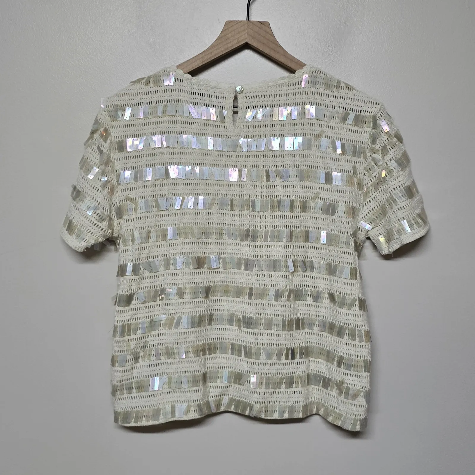 J.Crew Womens Crochet Ivory Short Sleeve Top Shirt Sequins Party Going Out Sz S - Image 7