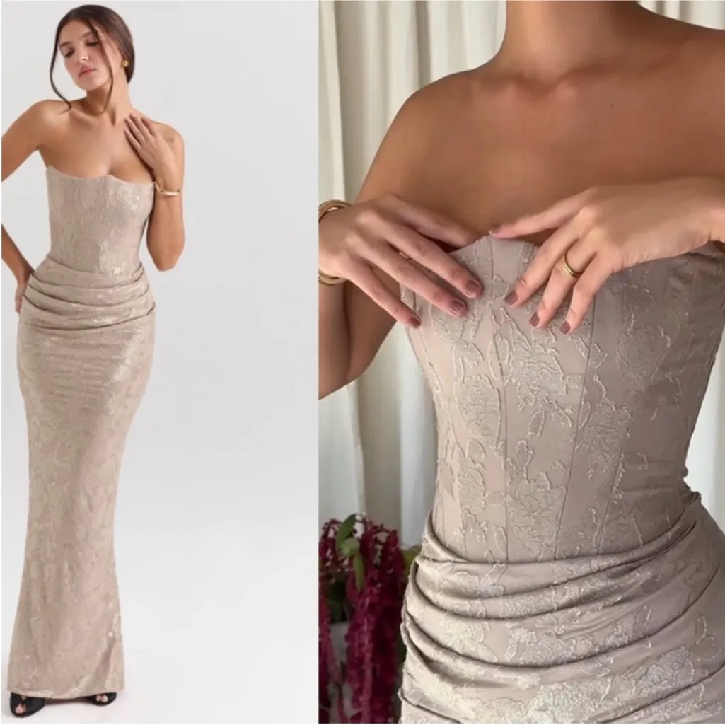 House of CB Persephone Pale Gold Chiffon Mesh Strapless Corset Maxi Dress XS A-C - Image 4