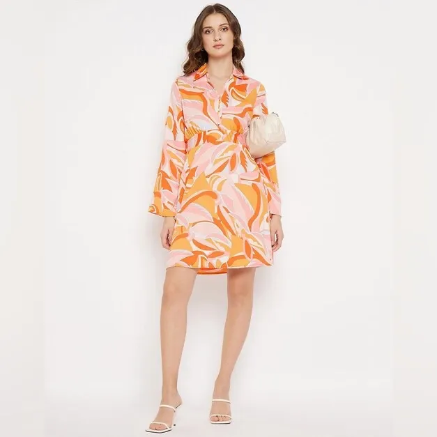 MNG Women’s Geometric Print Shirt Dress, Pink/Orange/Yellow, Size 20 - Image 7