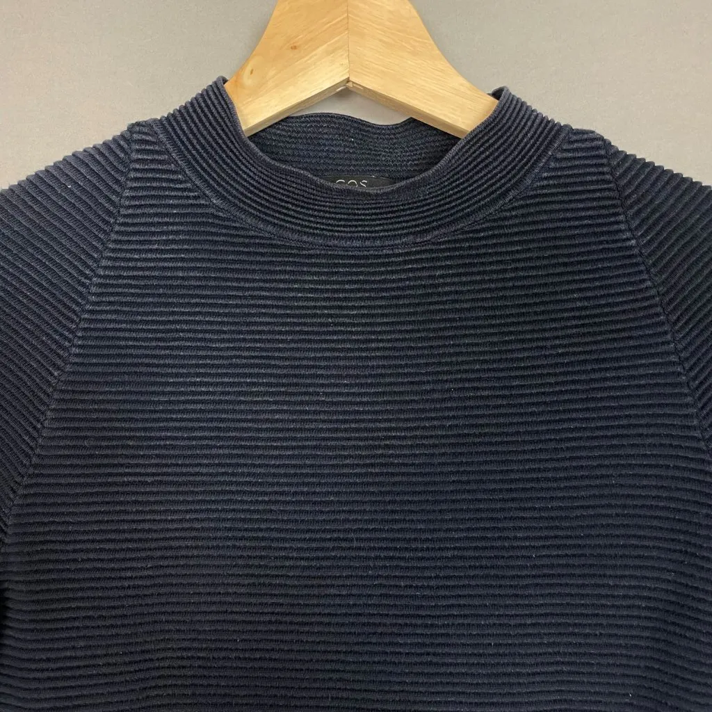 COS Ripple Stitch Top Sweatshirt Navy Blue Mock Neck Women XS Long Sleeve Ribbed - Image 11