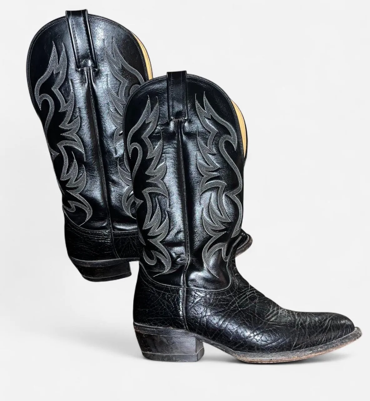 Vintage Nocona Cowboy Boots Black Leather Flame Stitch (Made in USA) Size 8.5 - Image 2