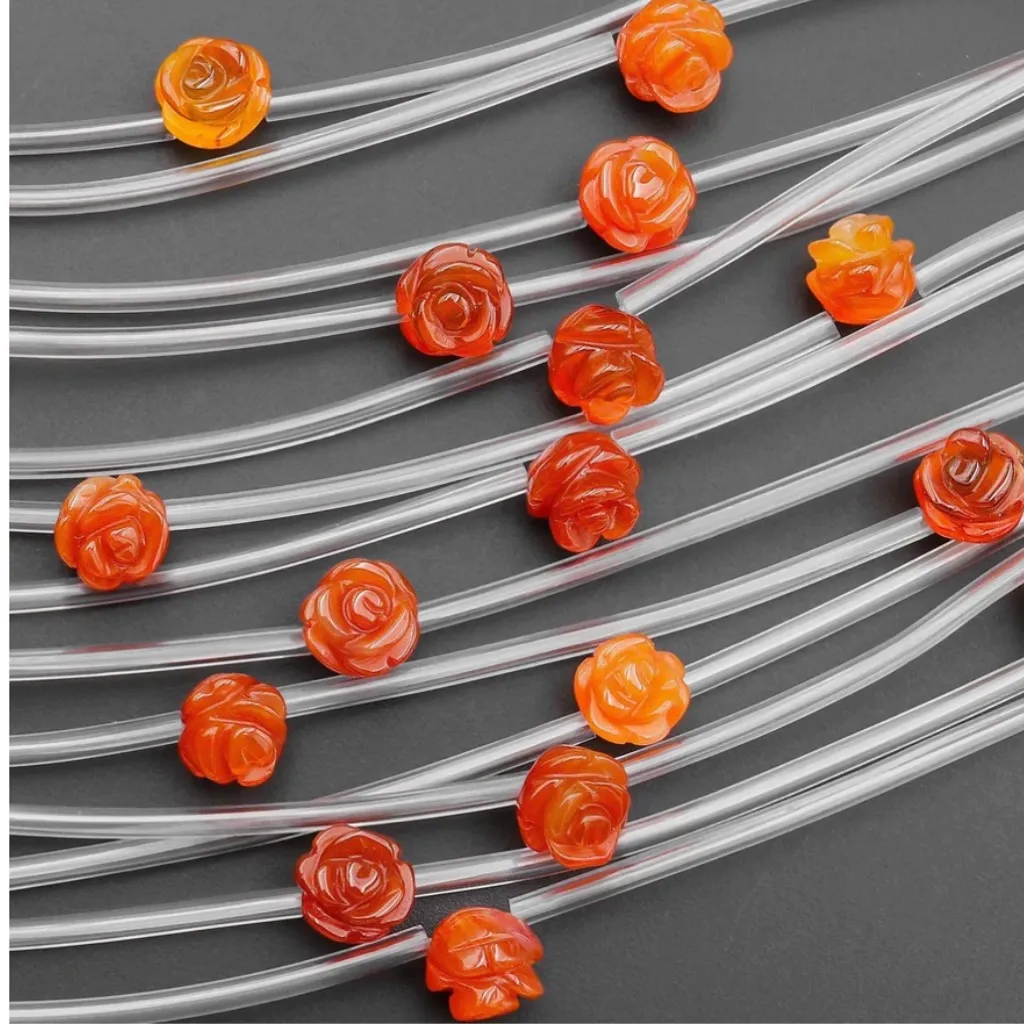 B82. 6mm Carnelian Round, Bamboo & Rose Flower Bracelet Made in Maui - Image 7