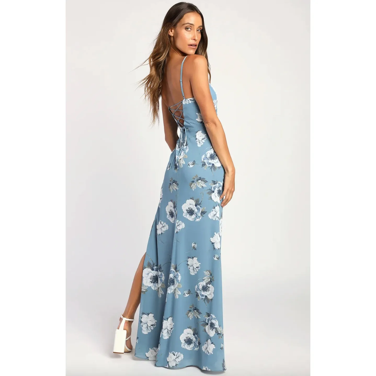 NEW Lulus Feeling Elegant Slate Blue Floral Print Lace Up Slit Maxi Dress Medium - Image 2