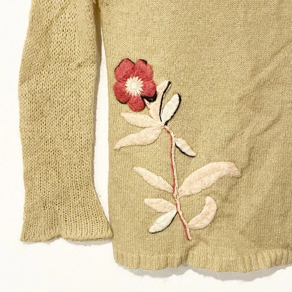 Wooden Ships Size Medium Tan Florall Stitched Open Knit Sweater - Image 2