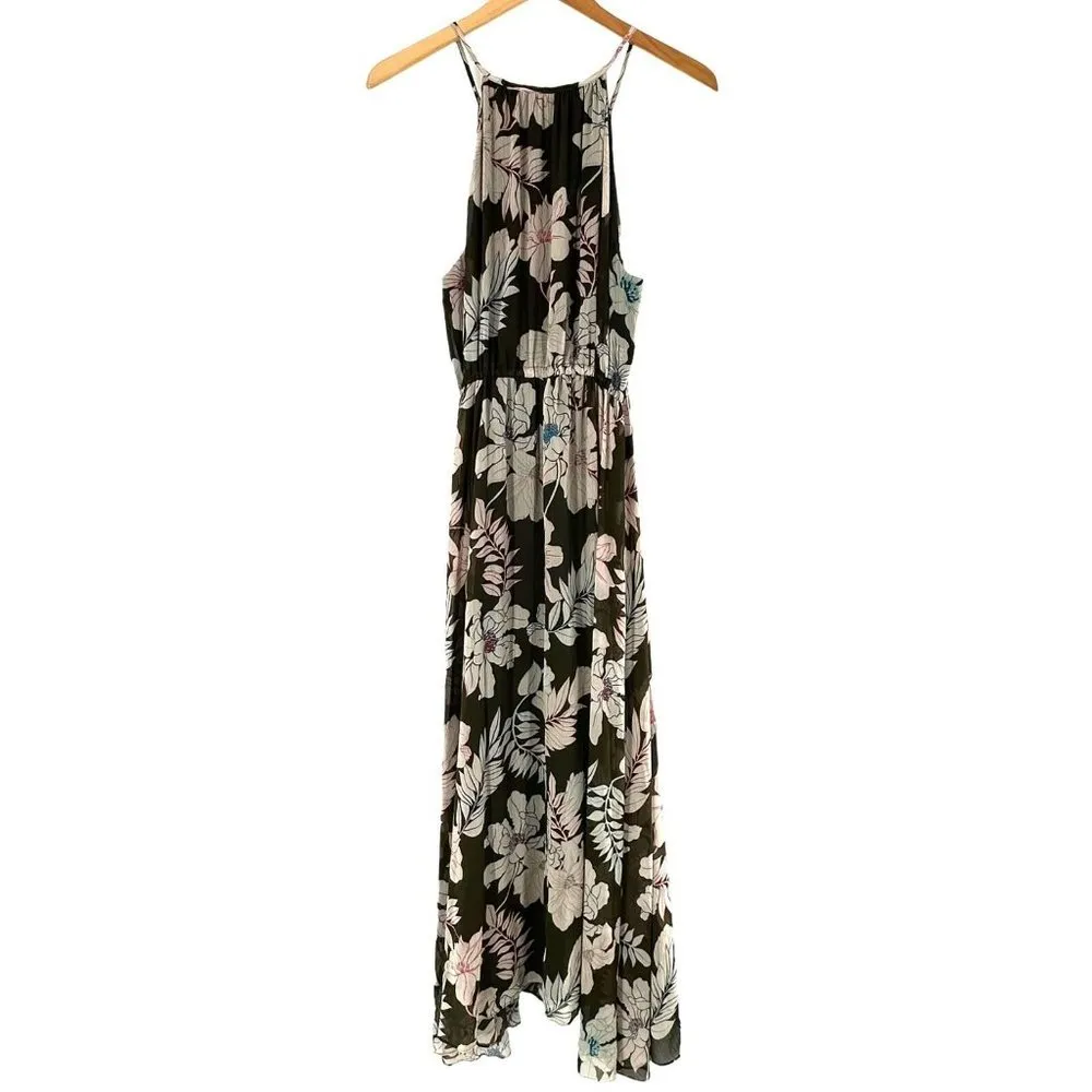 Sanctuary Big Flirt Olive Green Floral Chiffon Halter Maxi Dress Size XL - Image 7